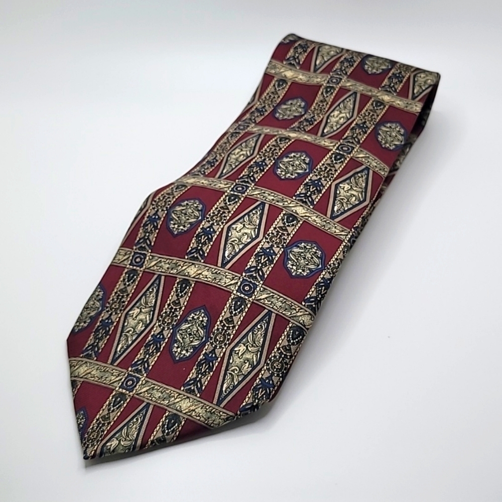 Bill Blass 100% Silk Maroon Blue Tan Geometric Men's Tie